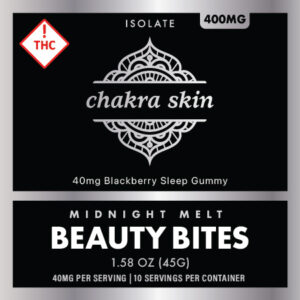 Dual product packaging: chakra skin isolate label above and Midnight Melt Beauty Bites label below, showing 40 mg per serving and 10 servings total.